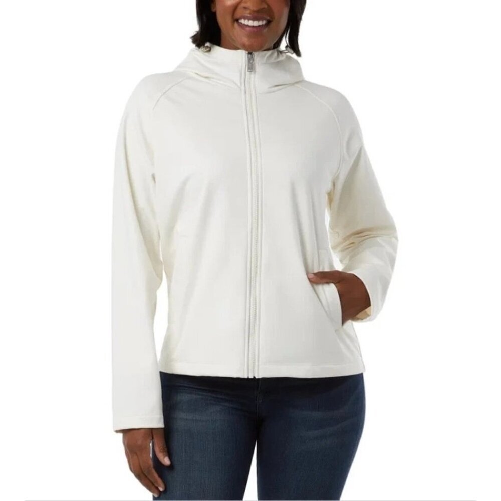 32 Degrees Heat Women's L Hooded Zip Jacket Off-White Soft Shell Windbreak N0478